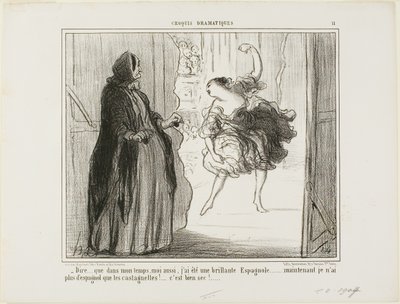 "- Difícil imaginar que en mis días también fui un aclamado bailarín español... hoy en día sólo mis castañuelas son españolas... qué lata...", lámina 11 de Croquis Dramatiques de Honoré Victorin Daumier