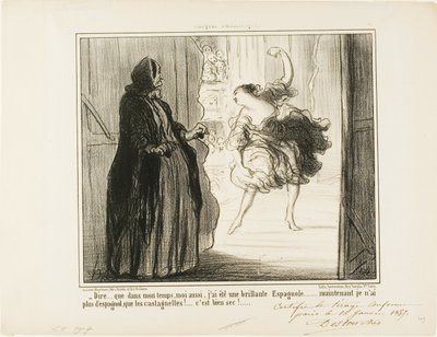 "- Difícil imaginar que en mis días también fui un aclamado bailarín español... hoy en día sólo mis castañuelas son españolas... qué lata...", lámina 11 de Croquis Dramatiques de Honoré Victorin Daumier