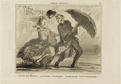 "- No te preocupes, Eleonore... no es nada, es sólo un poco de viento que anuncia la llegada de la primavera," plato 34 de Croquis Parisiens de Honoré Victorin Daumier