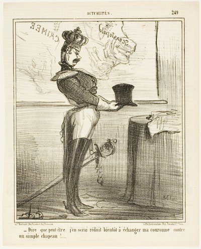 "- Me cuesta imaginar que un día tenga que cambiar mi corona por un simple sombrero", plato 249 de Actualités de Honoré Victorin Daumier