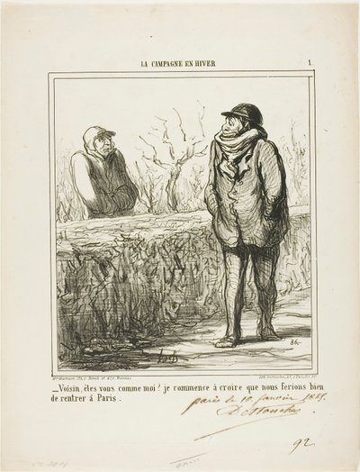 "- Hola, vecino, ¿eres como yo Empiezo a creer que haríamos bien volviendo a París", lámina 1 de La Campagne En Hiver de Honoré Victorin Daumier