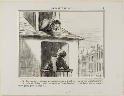 "- Hola, vecino... ¿qué era todo ese griterío... viste el cometa - Creí haberlo visto por allí... pero entonces era sólo el fuego de una chimenea... esta vez nos libramos sin más que un susto", lámina 3 de La Cométe De 1857. de Honoré Victorin Daumier