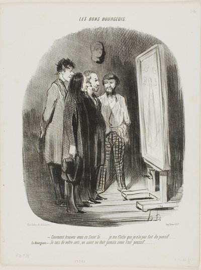 "- ¿Cómo se encuentra este santo allí.... Intenté que no pareciera demasiado convencional.... El burgués: - Estoy de acuerdo, un santo nunca debe parecer corto", plato 80 de Les Bons Bourgeois de Honoré Victorin Daumier