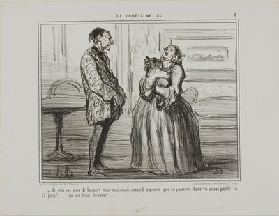 "- No temo por mí, pero si pienso en el pobre Azor que perecerá el 13 de junio... simplemente se me rompe el corazón", lámina 8 de La Cométe De 1857. de Honoré Victorin Daumier