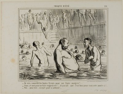 "- Me dijeron que fuera al batha frío para adelgazar. - No me digas, me acaban de decir lo contrario. - ¡A lo mejor este año son buenos para todo! - Cierto para todo, excepto para la limpieza," plato 39 de Croquis D