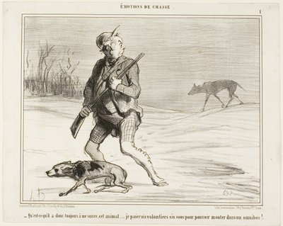 "- Me pregunto por qué esta bestia me sigue todo el tiempo... Con gusto pagaré 6 sous para subirme a un autobús," plato 1 de Émotions De Chasse de Honoré Victorin Daumier