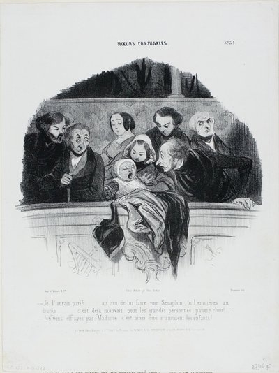 "- Hubiera apostado por ello... en vez de llevarlo a ver a Séraphin lo llevas a un drama.... ¡ya es bastante malo para los adultos, pobrecito!... - No se preocupe Madame, así se divierten los niños", lámina 34 de Moeurs Conjugales de Honoré Victorin Daumier