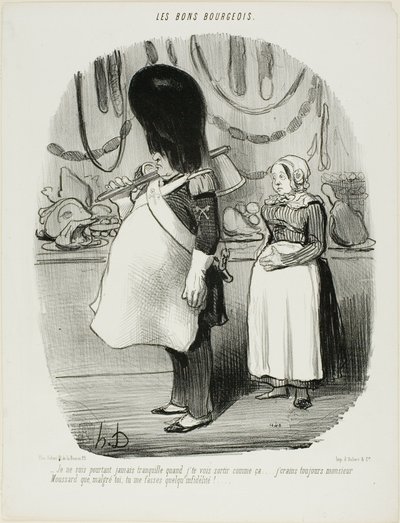 "- Nunca estoy tranquilo cuando te veo salir así... Siempre tengo miedo, Monsieur Moussard, de que sea infiel," plato 67 de Les Bons Bourgeois de Honoré Victorin Daumier