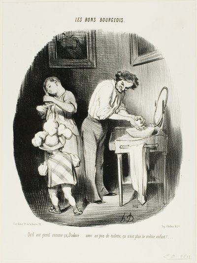 "-A que es mono así, Dodore... con un poco de limpieza, ¡ya no es el mismo niño!...," plato 37 de Les Bons Bourgeois de Honoré Victorin Daumier