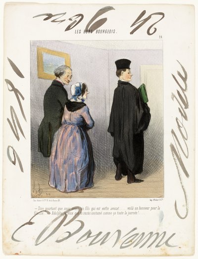 "- ¿No es maravilloso tener un hijo abogado... qué honor para la familia... Adolph, ¡quiero que te quedes vestido así todo el día!...," lámina 21 de Les Bons Bourgeois de Honoré Victorin Daumier