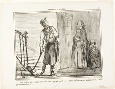 "- Es inútil mostrarle mi apartamento. No alquilamos a madres con niños", placa 1 de Les Portiers De Paris. de Honoré Victorin Daumier