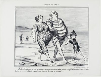 "- Madame Prudhomme, no nos precipitemos, recordemos que la dignidad debe presidir todos los actos de la vida... sólo la dignidad distingue al hombre del resto de los animales", lámina 2 de Croquis Aquatiques de Honoré Victorin Daumier