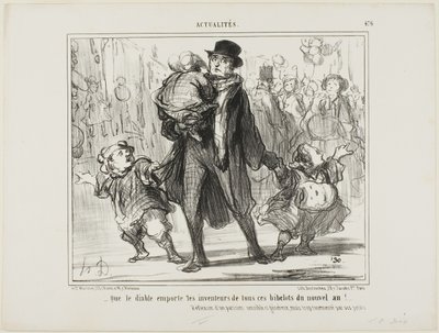 "- ¡Que el diablo se lleve al inventor de todos estos regalos de Año Nuevo!" Reflexión de un padre parisino sensible, generoso pero atormentado, lámina 476 de Actualités de Honoré Victorin Daumier