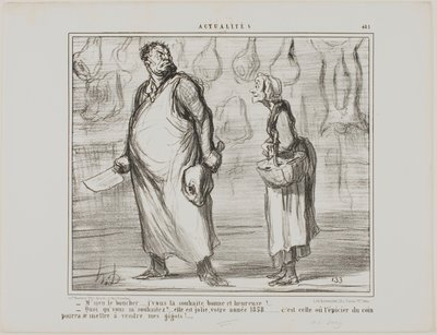 "- Señor carnicero, le deseo un feliz y saludable Año Nuevo... - ¿Qué Va a ser un buen año, este 1858... ¡todos los tenderos de la esquina podrán vender mi cordero!...", lámina 481 de Actualités de Honoré Victorin Daumier