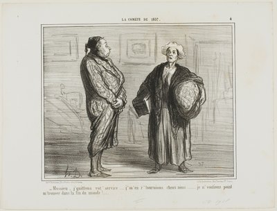 "- Monsieur, dejo su servicio, me voy a casa... No quiero estar aquí cuando se acabe el mundo," lámina 4 de La Cométe De 1857 de Honoré Victorin Daumier