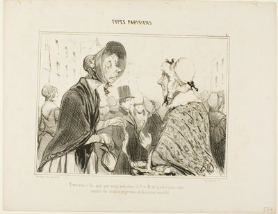 "- Oh, aquí estás..... ¿qué tienes ahí..... - No hablemos de ello.... tenemos invitados, y acabo de hacer la compra," plato 6 de Types Parisiens de Honoré Victorin Daumier
