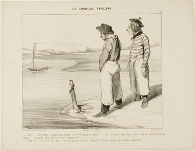 "- Nuestro barco soltó el ancla y se ha ido a la deriva.... estamos atrapados en esta isla solitaria como Robinson Crusoe... y sin nada que comer y sin loro... - Eso es verdad.... y realmente no sé qué comer, una vez que te haya devorado, ¡pobre Cabassol!, de Honoré Victorin Daumier