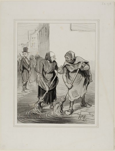 "- Diga entonces, Madme. Giboulard... ¿no está de acuerdo en que no es muy agradable para las mujeres de nuestro género, bajar así todos los días, limpiando las cunetas de St. Honoré... - Es cierto, Madame Chaffarou, pero también podemos alabarnos de ser l de Honoré Victorin Daumier