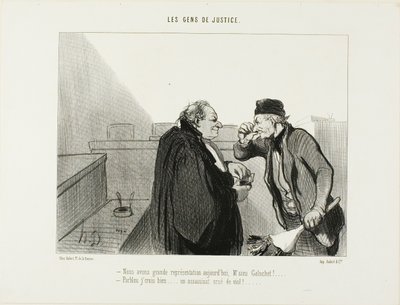 "- Debería ser una gran actuación la de hoy, Sr.Galuchet... - Eso creo... Un caso de asesinato con una violación ... ", placa 31 de Les Gens De Justice de Honoré Victorin Daumier