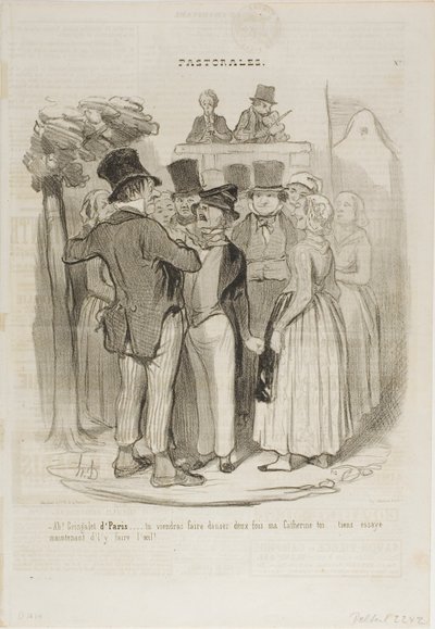 "- ¡Así que, Gringalet de París!.... bailarás dos veces con mi Catherine ...... intenta de nuevo ahora hacerle ojitos de oveja," plato 27 de Pastorales de Honoré Victorin Daumier