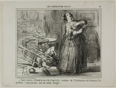 - Llevada por su papel de opereta, Madame de St. Chalumeau grita tan alto que no se da cuenta de los bramidos de su hijo, lámina 13 de Les Comédiens De Société. de Honoré Victorin Daumier