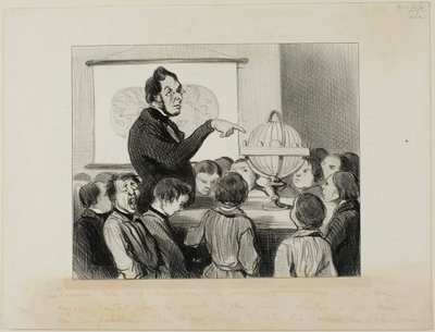 "- Mañana estudiaremos Saturno. Quiero que presten especial atención a este gran planeta .... que, con toda probabilidad, nunca en su vida tendrán la oportunidad de ver", lámina 18 de Professeurs Et Moutards. de Honoré Victorin Daumier