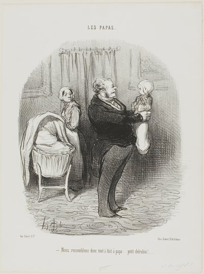 "- Realmente nos parecemos a papá, ¿verdad... ¡pequeño Querubín!", plato 14 de Les Papas de Honoré Victorin Daumier