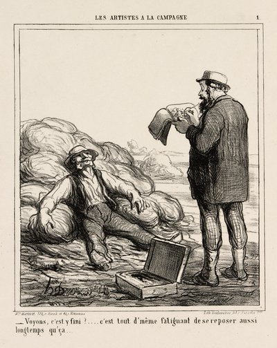 "- Bueno, ¿has terminado por fin... después de todo es agotador relajarse durante tanto tiempo," plato 1 de Les Artistes A La Campagne de Honoré Victorin Daumier