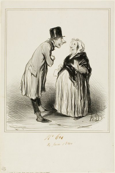 "- Pues sí, es verdad, la hija de Mame Chopin se casó ayer con el hijo de Durand. Acabo de hablar con el joven y por lo que me ha dicho (en plena confidencia), ella debe haber tenido algunos extraños antes que él...", lámina 6 de Les Parisiens. de Honoré Victorin Daumier