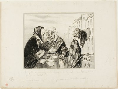 "- ¡Qué alboroto está armando este cara-amarga del quinto piso! Llevando un sombrero para comprar dos tazas de leche por una sopa. - Oh, Madame Capitaine, no estamos elegantes hoy...," plato 36 Tipos Parisinos de Honoré Victorin Daumier