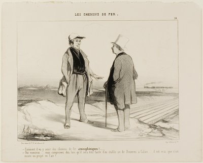 "- ¿Cómo que pronto habrá trenes aéreos - Pero claro, Monsieur... verá, entonces será muy fácil establecer una conexión entre Dover y Calais... pero claro, el proyecto sigue suspendido en el aire", plancha 14 de The Railr de Honoré Victorin Daumier