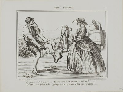 "-¿Qué, ¿estás prensando las uvas con los pies... -Claro, y no está nada sucio... ¡desde que me quité los zapatos!", lámina 1 de Croquis D