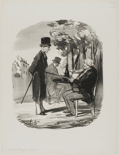 "- Usted no está teniendo su botella de cerveza con nosotros esta noche ... Se nota que hoy tienes una cena privada, sinvergüenza...", plato 81 de Les Bons Bourgeois. de Honoré Victorin Daumier