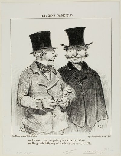 "- ¿Todavía no llevas un Talma - No, sigo fiel al abrigo, es más favorecedor para mi cintura," plato 1 de Les Bons Parisiens de Honoré Victorin Daumier
