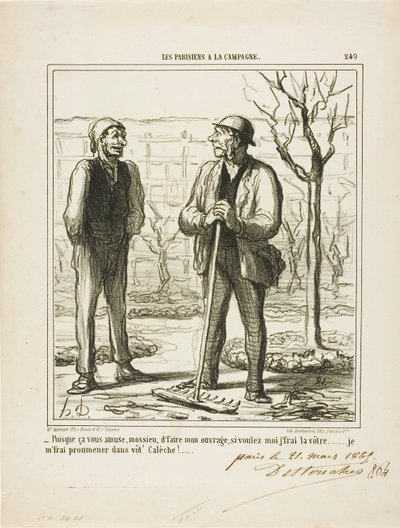 "- Parece que te gusta hacer mi trabajo. A cambio podría ofrecerte hacer tu trabajo: Iré a dar un paseo en tu carruaje", plato 249 de Les Parisiens A La Campagne. de Honoré Victorin Daumier