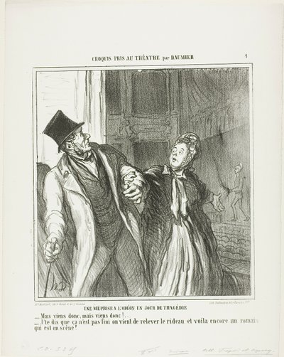 Un malentendido en el Odeón, en un día de drama. "- ¡Vamos, vamos! - Te digo que no ha terminado. El telón se ha levantado de nuevo y todavía hay romanos en el escenario", lámina 4 de Croquis Pris Au Théatre par Daumier de Honoré Victorin Daumier