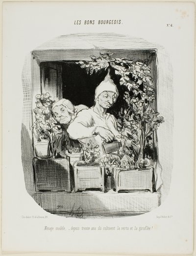 Un matrimonio modelo: Durante treinta años han cultivado la virtud y los claveles, lámina seis de Les Bons Bourgeois. de Honoré Victorin Daumier
