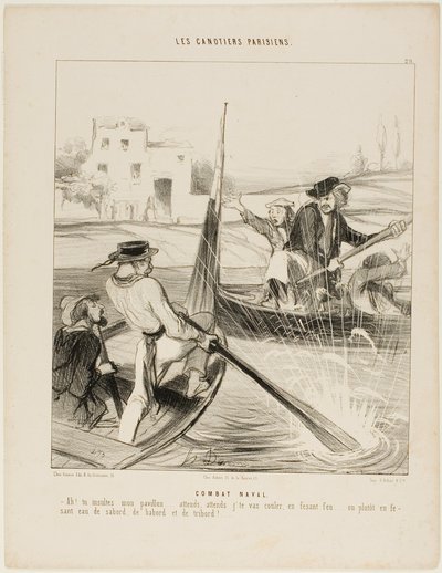 Un combate naval. "- ¡Así que insultaste mi bandera!.... ¡espera, espera a que te hunda de un golpe!..... o mejor aún, te salpicaré con agua por la izquierda y por la derecha y por detrás y...." plato 20 de Les Canotiers Parisiens de Honoré Victorin Daumier