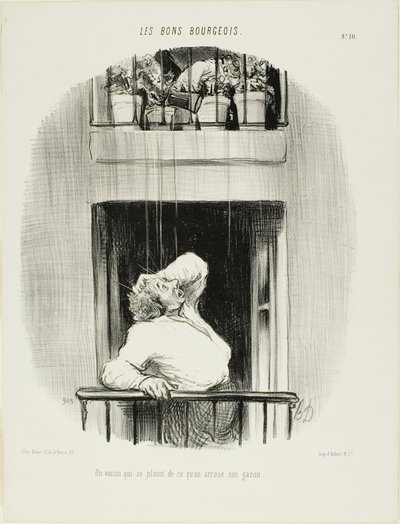 Un vecino se queja del riego de su césped, lámina diez de Les Bons Bourgeois de Honoré Victorin Daumier