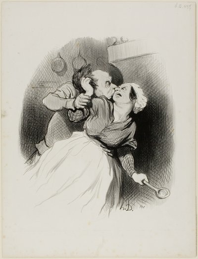 El retorno de la juventud. "Grita todo lo que quieras, diablillo.... mi mujer no está en casa.... ¡arráncame el pelo a gusto!", lámina 50 de Les beaux Jours de la vie. de Honoré Victorin Daumier