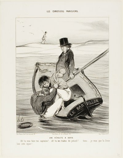 Una revuelta a bordo. "-¡Ah! quieres ser tu propio capitán!... -¡Ah! me tratas como a un idiota... oye... Espero que el Sena se lleve ese insulto", lámina 13 de Les Canotiers Parisiens. de Honoré Victorin Daumier