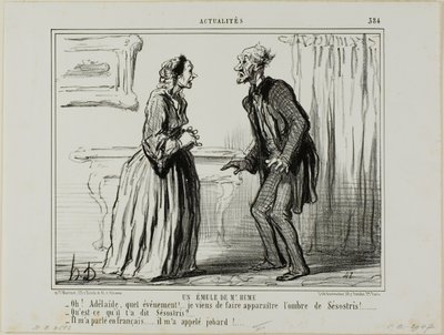 Un rival del Sr. Hume. "- Oh Adelaide, qué experiencia.... ¡Acabo de hacer aparecer la sombra de Sesostris delante de mí! - ¿Y qué te dijo Sesostris - Me habló en francés... ¡y me llamó jeta!", lámina 384 de Actualités de Honoré Victorin Daumier