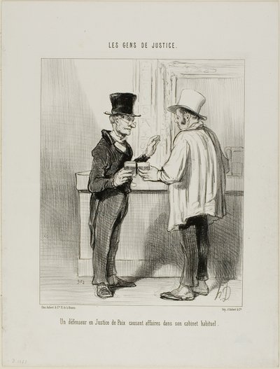 Un abogado defensor en el Tribunal de Arbitraje hablando de negocios en su despacho habitual, lámina 27 de Les Gens De Justice de Honoré Victorin Daumier