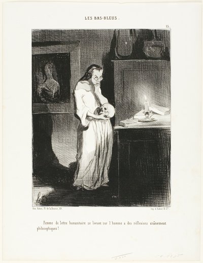 Una mujer humanista de letras abandonándose a las reflexiones filosóficas cerebrales sobre el tema del hombre!, lámina 15 de Les Bas-Bleus de Honoré Victorin Daumier