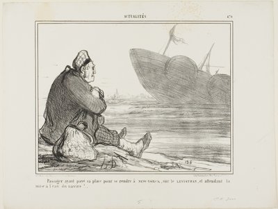 Un pasajero que ha pagado su billete a NUEVA YORK en el LEVIATHAN, esperando a que el barco sea finalmente puesto en el agua, placa 479 de Actualités de Honoré Victorin Daumier