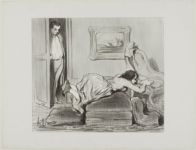 Una estudiante entusiasta practicando en casa, lámina 6 de Les Baigneuses de Honoré Victorin Daumier