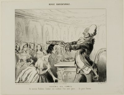 Academia de Mujeres. Un nuevo Richelieu, fundando una nueva Academia de otro tipo.... del género femenino, lámina 33 de Revue Caricatureale de Honoré Victorin Daumier