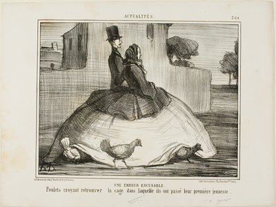 Un error excusable. Gallinas que creen haber encontrado la jaula donde pasaron su primera infancia, lámina 21 de La Crinolomanie de Honoré Victorin Daumier