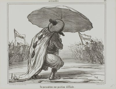 Un paraguas en posición difícil, lámina 119 de Actualités de Honoré Victorin Daumier