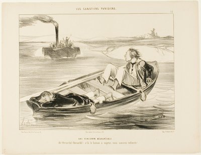 Un encuentro desagradable. "¡Bernardel, Bernardel! Aquí viene el vapor... ¡nos hundiremos!", lámina 16 de Les Canotiers Parisiens. de Honoré Victorin Daumier